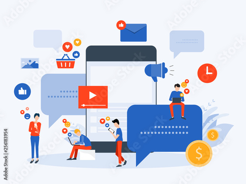 flat Vector illustration social media  and digital marketing  online connection concept with business people character use mobile  concept 