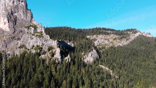 Aerial view Bicaz Gorge panorama in the Carpathian Mountains near Hasmas and Ceahlau National Park. Big size panorama, travel to Europe, vacation concept. Romania