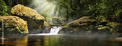 A magic morning in the jungle. Morning mist rising over the creek,  several sunbeams lighting down the tropical plants. The Stoney Creek, Kamerunga, Cairns, Far North Queensland, Australia. 