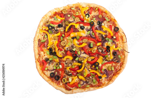 whole colorful vegetable, mushroom and pepperoni pizza