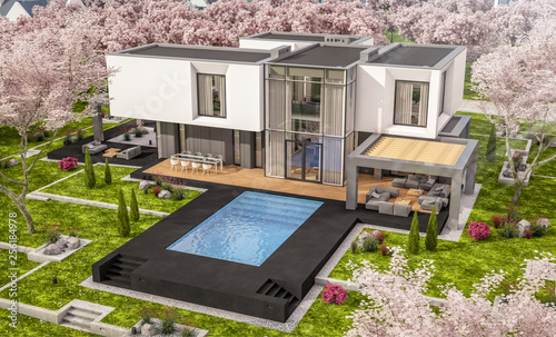 3d rendering of modern cozy house in the garden with garage. Fresh spring day with a blooming trees. For sale or rent with flowers of sakura on background.