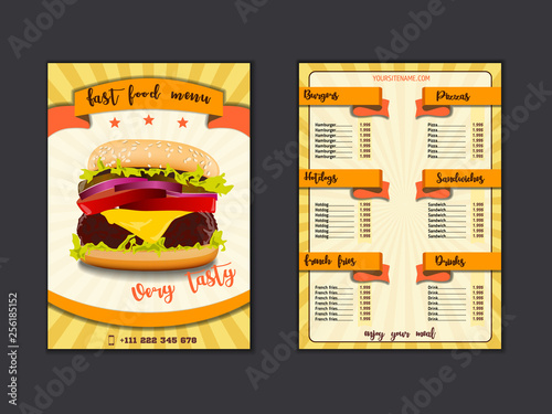 Fast food restaurant menu template. Lunch dishes and drinks list with prices and burger, pizza, hot dog, soda, fries, coffee, donut, sandwich for folding brochure design