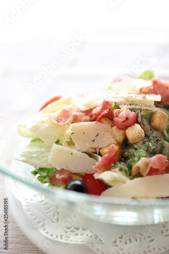 caesar salad with chicken crispy bacon and cheese healthy food