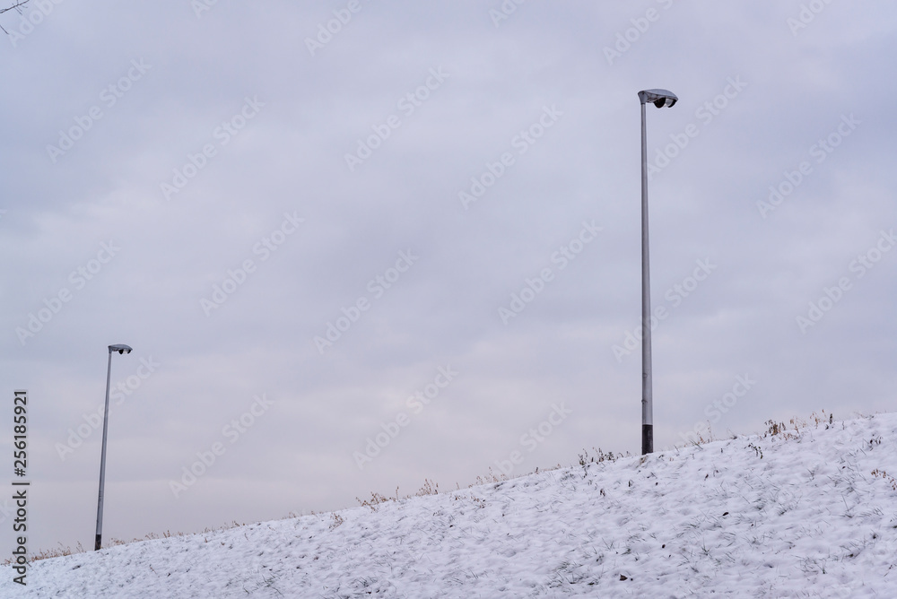 Street lamps on the embankment in snow, Zagreb, Croatia Street lamps on the embankment in snow, Zagreb, Croatia