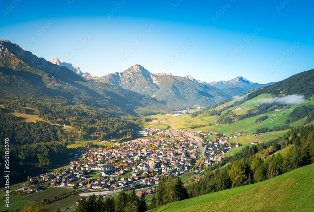san candido, town in the middle of dolomites mountains. south tyrol, italy