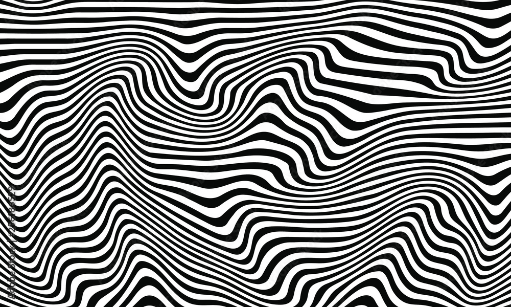 Striped curved pattern. Black and white stripes. Optical illusion. Abstract background. Vector illustration