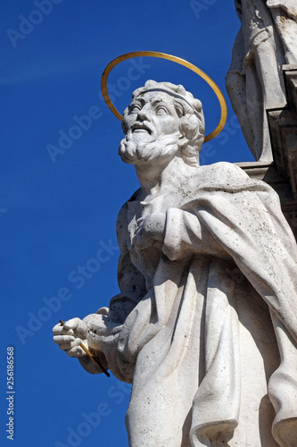 BUDAPEST, HUNGARY - OCTOBER 15: Statue of Saint Joseph, detail of Holy Trinity plague column in front of Matthias Church in Budapest, Hungary, on October 15, 2017.