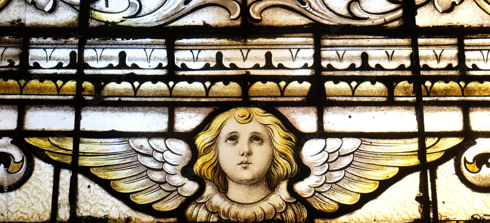 Angel, stained glass window in the church of Saint Martin in Zagreb, Croatia