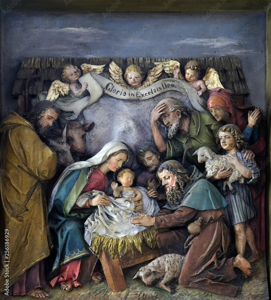 Birth of Jesus, Adoration of the Shepherds, relief in the church of Saint Martin in Zagreb, Croatia