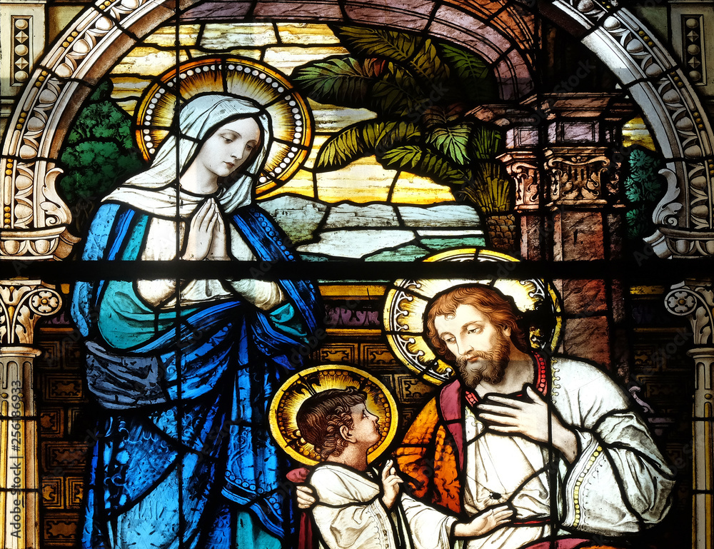 Holy Family, stained glass window in the church of Saint Martin in Zagreb, Croatia