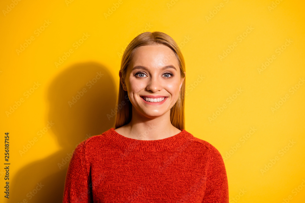Fototapeta premium Close-up portrait of her she nice-looking attractive winsome lovable fascinating cheerful cheery teen girl isolated over bright vivid shine orange background