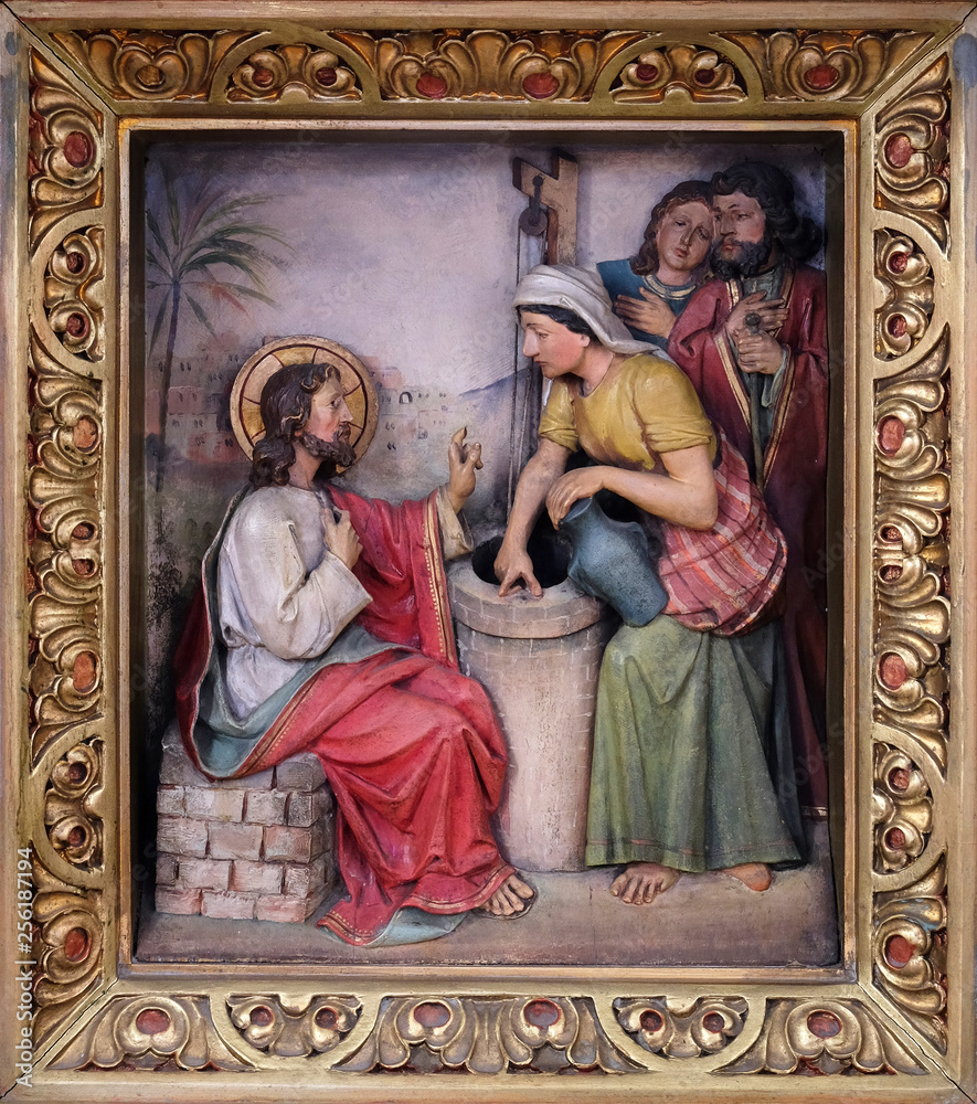 Jesus and the Samaritan Woman, relief in the church of Saint Martin in Zagreb, Croatia