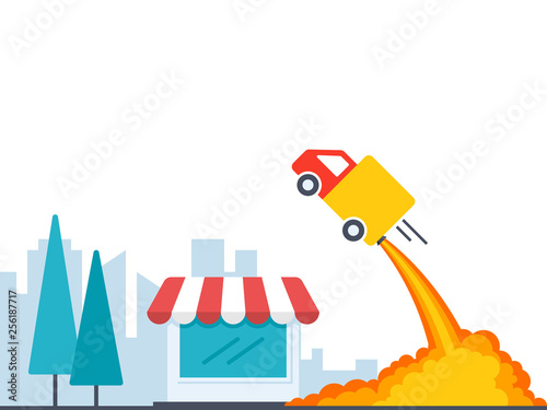 Fast shipping concept with the truck takes off into the sky