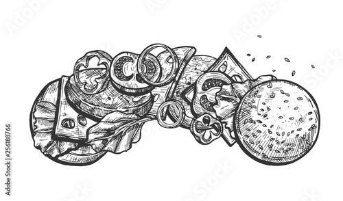 Horizontal view of flying burger ingredients