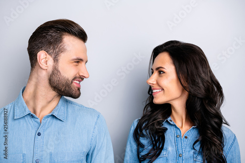 Close up portrait beautiful amazing she her he him his couple lady guy look eyes sincerely kindhearted lovely glance wear casual jeans denim shirts outfit clothes isolated light grey background