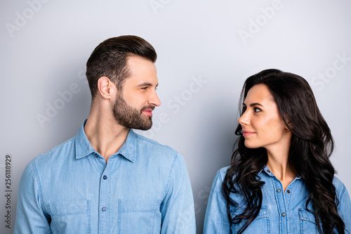 Close up portrait beautiful amazing she her he him his couple lady guy stand look eyes sincerely kindhearted easy-going wear casual jeans denim shirts outfit clothes isolated light grey background