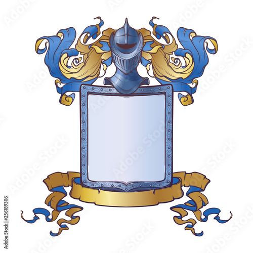 Traditional European coat of arms template. Shield, helmet and mantling. Element for design coat of arms, logo, emblem and tattoo. Color linear drawing isolated on white background. EPS10 vector