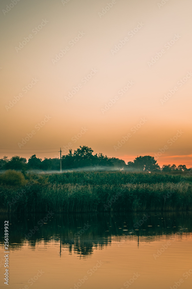 Sunset over a lake with reeds