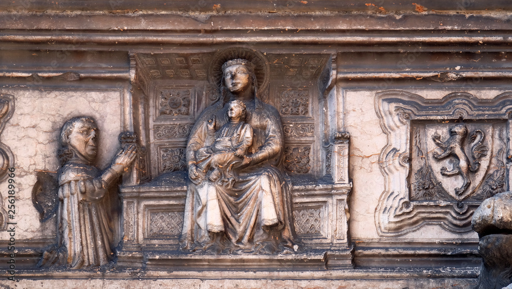 Detail from Guglielmo da Castelbarco gothic tomb outside Sant'Anastasia Basilica in Verona, Italy