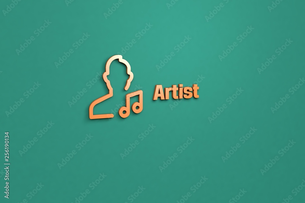 Text Artist with orange 3D illustration and green background Text Artist with orange 3D illustration and green background