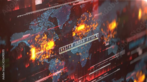 Map of servers under attack, security breach, virus spreading in system. Generic hacking attack all around the globe