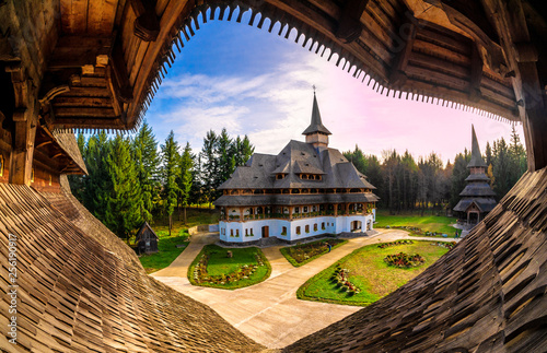 Fotografiet Unique wide view of Barsana monastery, Maramures region of Romania in Europe