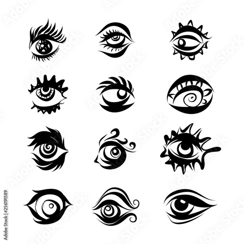 Set of Hand Drawn Different Eyes Icons. Monochrome Drawing Elements Isolated on White Background.
