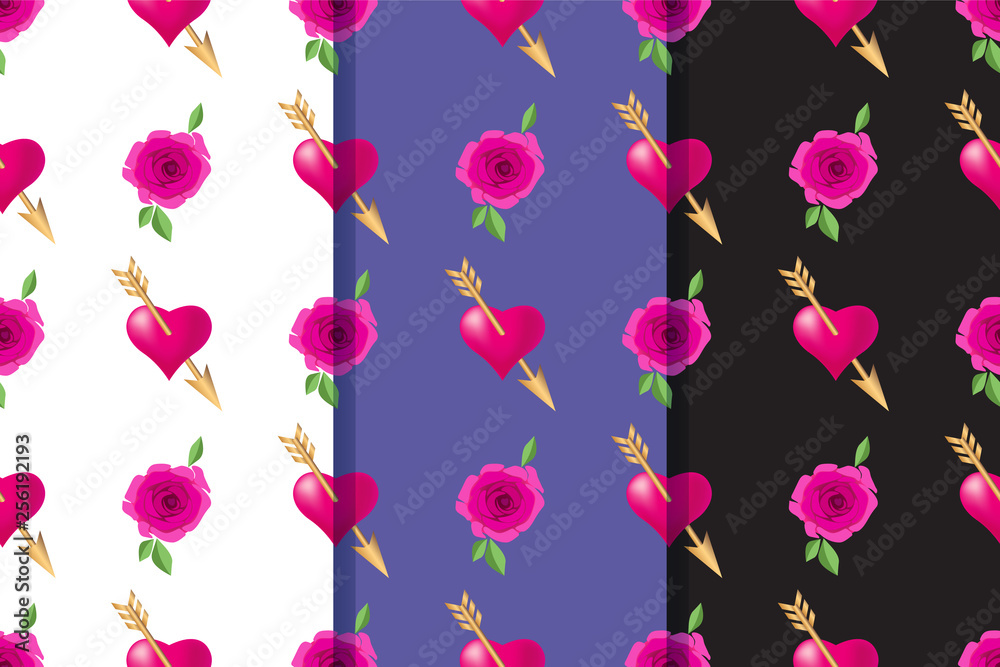 Obraz premium Set of three seamless patterns with hearts pierced by golden arrows and roses. Valentines Day holidays typography. Vector EPS10.