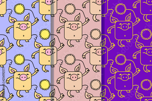 Set of three seamless patterns with funny pigs, symbol of 2019 on the Chinese calendar. Yellow Earthy Pigs with yellow chrysanthemums goes on the globe. EPS 10