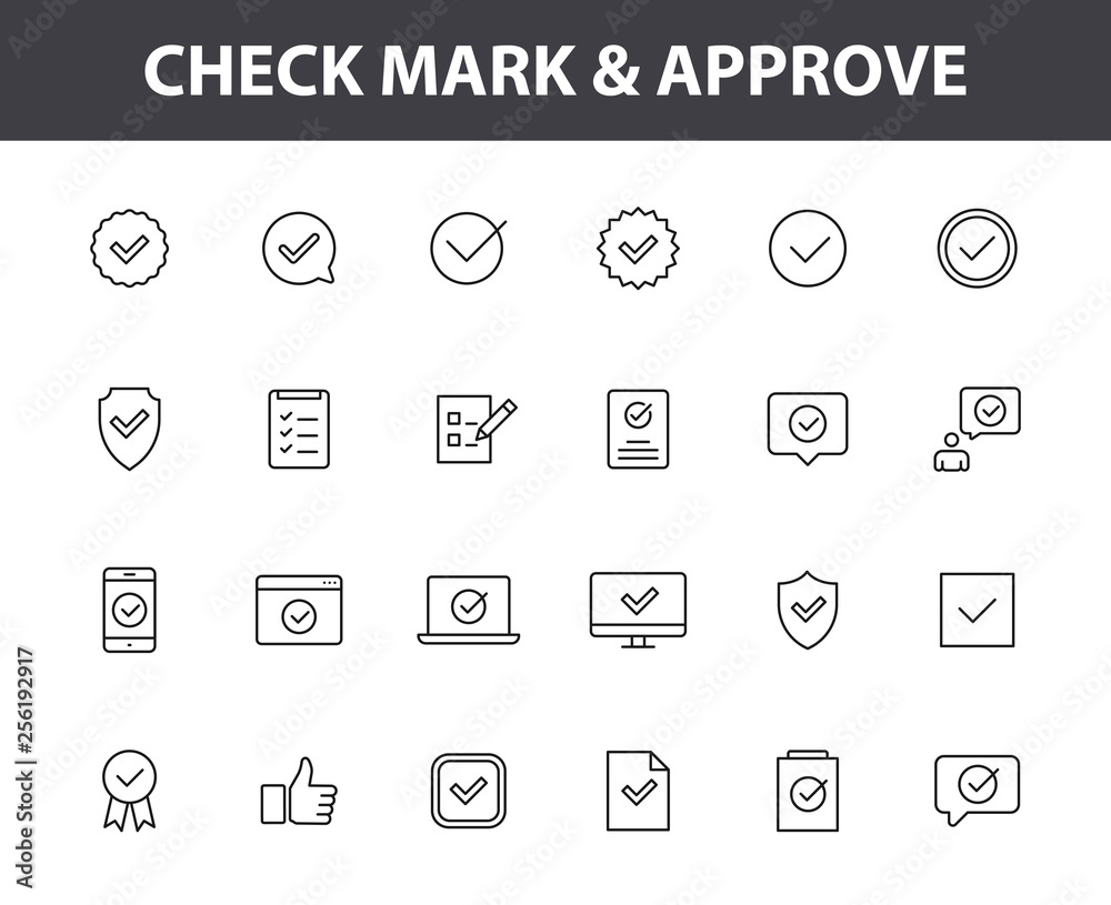 Set of 24 Check mark web icons in line style. Stamp, check list, verified, approval, accepted. Vector illustration.