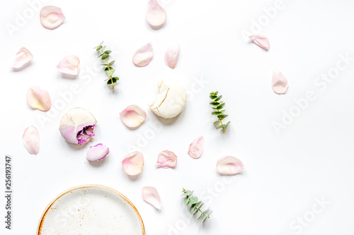 woman breakfast with rose and macaroons white table top view mockup