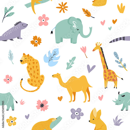 Seamless pattern with african animals and floral prints