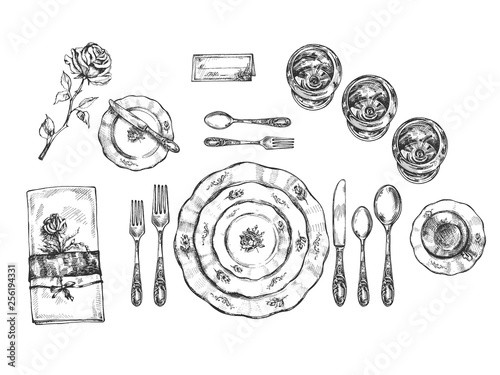 Set of vintage dishes, glasses and cutlery
