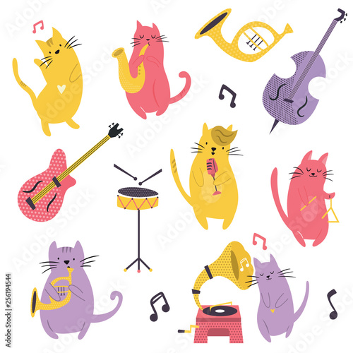 Big set of funny cats playing musical instruments