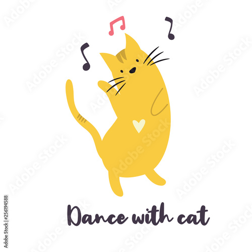 Funny yellow cat dancing to the music.