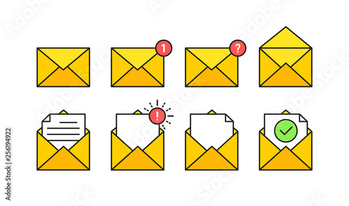 Set of envelopes icons with a picture of a closed letter. Paper document enclosed in an envelope. Delivery of correspondence or office documents. Vector illustration.