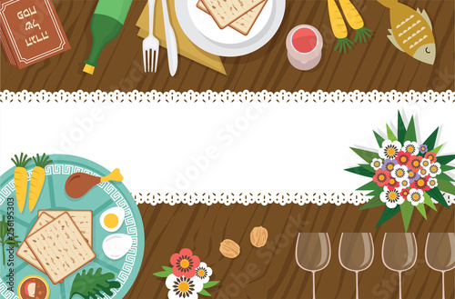 Passover Seder table with Seder plate and other elemnts-Vector