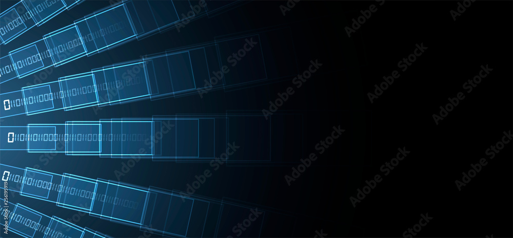 Bytes of binary code run through network. Abstract futuristic technology syberspace