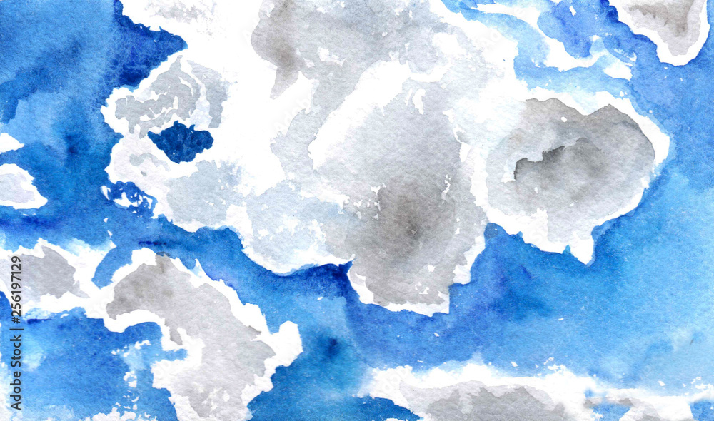 Hand drawn watercolor bright background blue sky with clouds