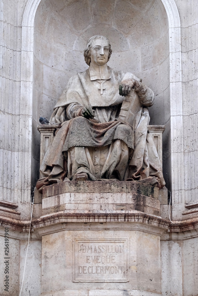 The statue of Massillon by Jacques Fauginet, Fountain of the Sacred Orators, Place Saint-Sulpice in Paris, France 