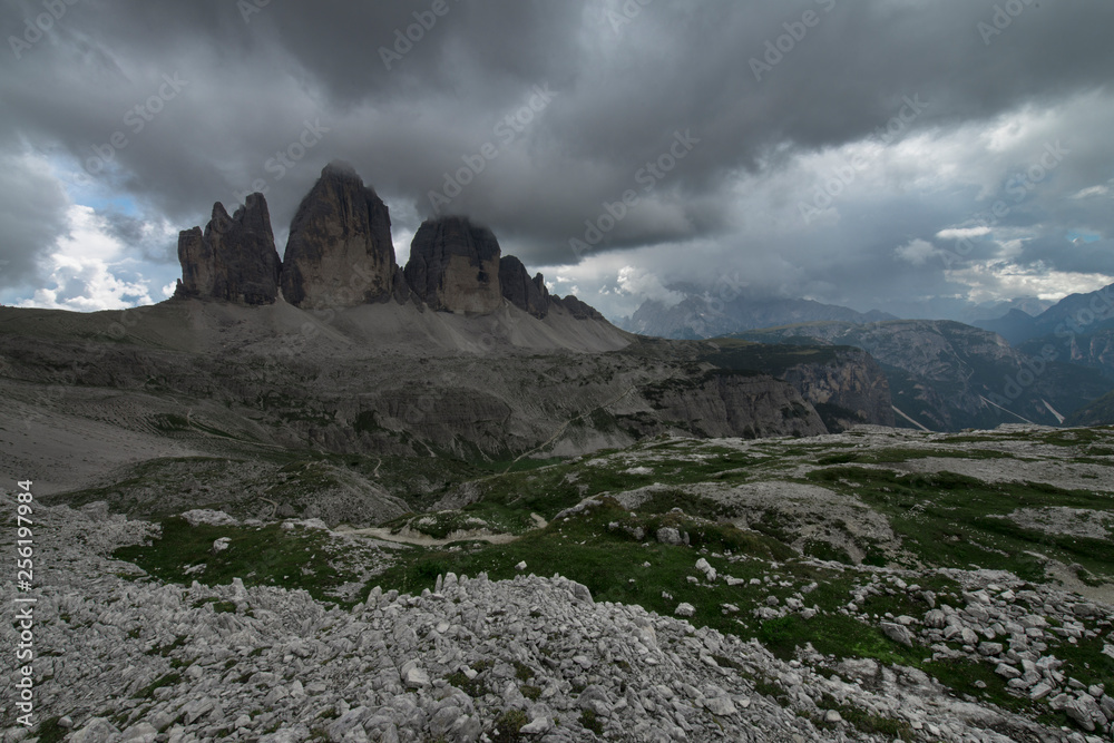 View of three peaks of Lavaredo ( also called Tre Cime di Lavaredo, Drei Zinnen or Three Merlons ), Dolomities, Sudtirol, Trentino Alto Adige, Italy