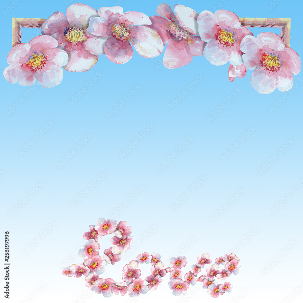 Fototapeta premium love“ letters with hand painted sakura blossom in watercolor on a blue gradient background.