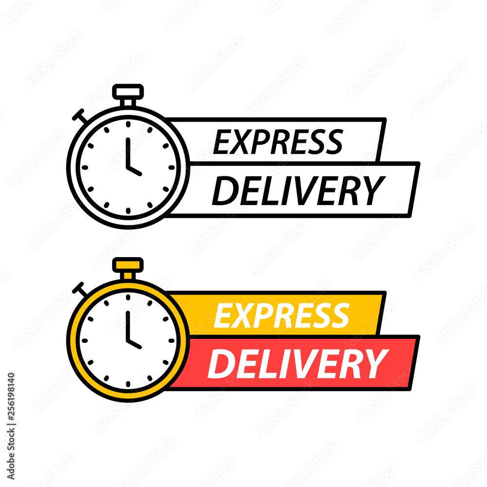 Express delivery icon set. Timer and express delivery inscription vector illustration isolated on white background. Express delivery icon set. Timer and express delivery inscription vector illustration isolated on white background.