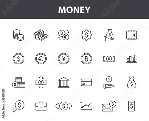 Set of 24 Money and Finance web icons in line style. Money, dollar, payment, bank, cash, coin. Vector illustration.