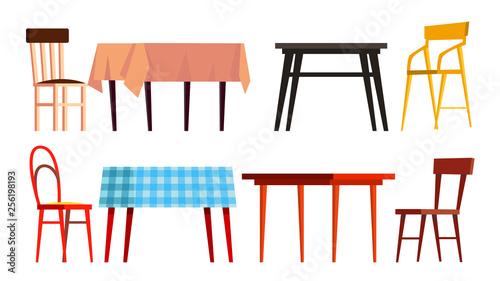 Home Table Chair Icon Set Vector. Wooden Dinner Furniture. Isolated Flat Cartoon Illustration