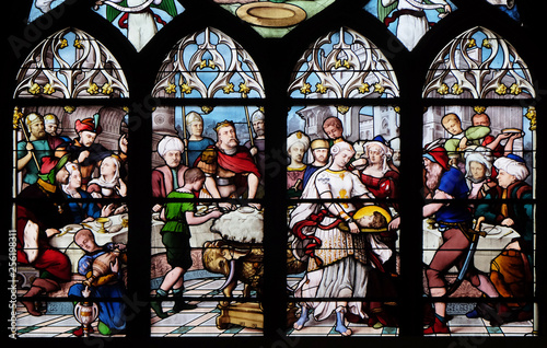 Salome Shows the Head of St. John the Baptist to Herod  stained glass window in Saint Severin church in Paris  France