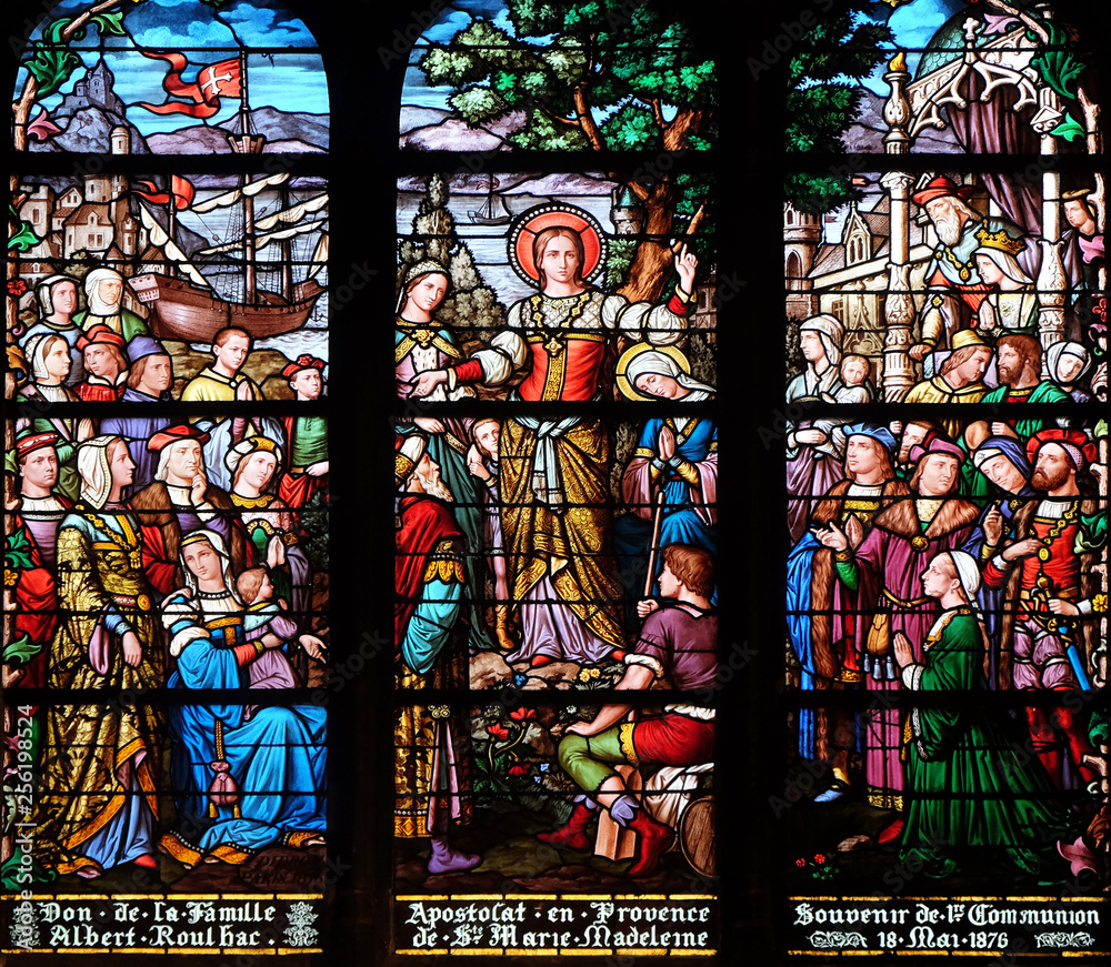 Apostolate of St. Mary Magdalene, stained glass window in Saint Severin church in Paris, France