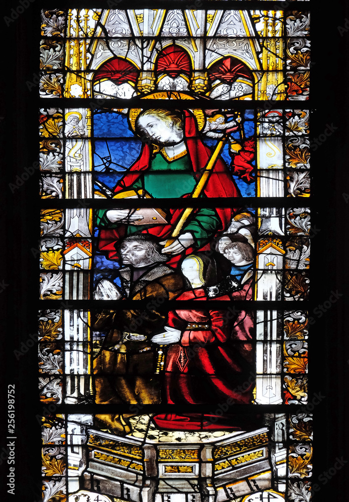 Saint Genevieve, stained glass window in Saint Severin church in Paris, France