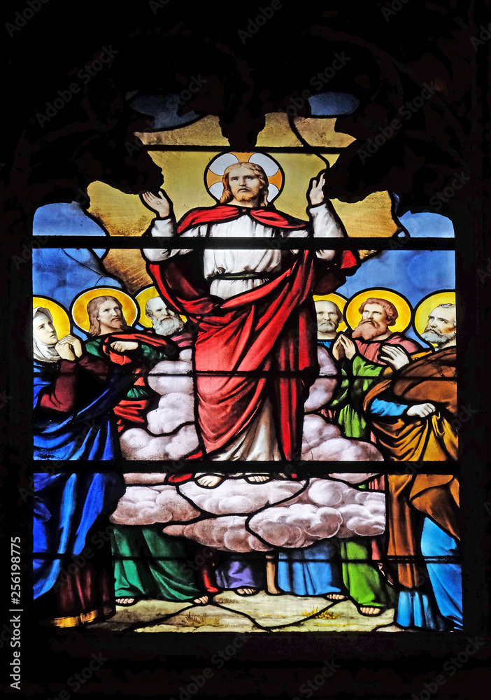 Transfiguration of Jesus, stained glass window in Saint Severin church in Paris, France 