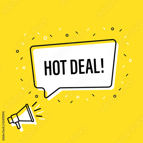 Male hand holding megaphone with hot deal speech bubble. Loudspeaker. Banner for business, marketing and advertising. Vector illustration.